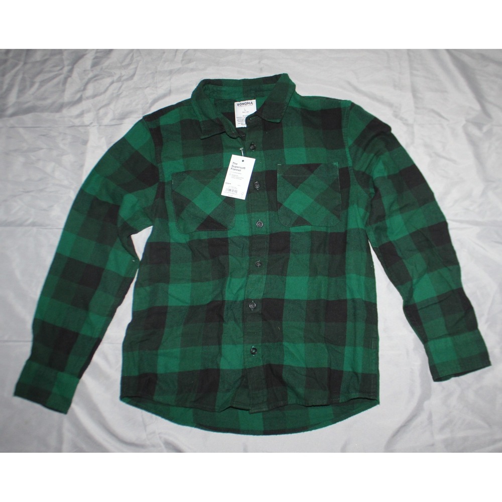 Boys Sonoma flannel plaid shirt green and black size L